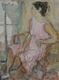 Figura seduta, 1947-’54, olio su tavola, cm 40x30, Napoli, collezione privata